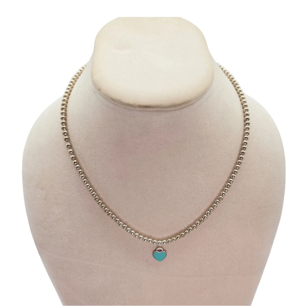 Return To Tiffany & Co. Sterling Silver Blue Enamel Heart Beaded Necklace